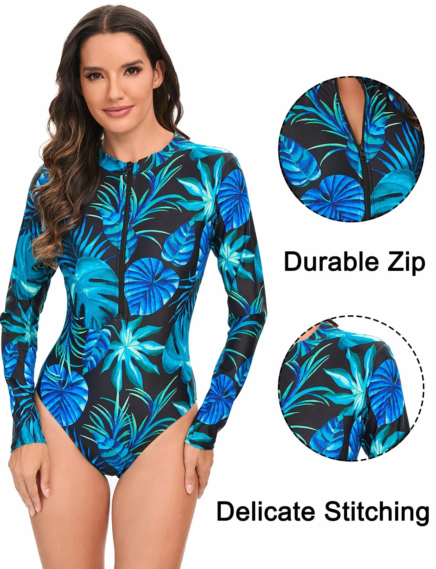 SEAUR Damski jednoczęściowy strój kąpielowy z długim rękawem strój kąpielowy Monokini Rashguard z zamkiem błyskawicznym na plażę basen nurkowanie surfing pływanie