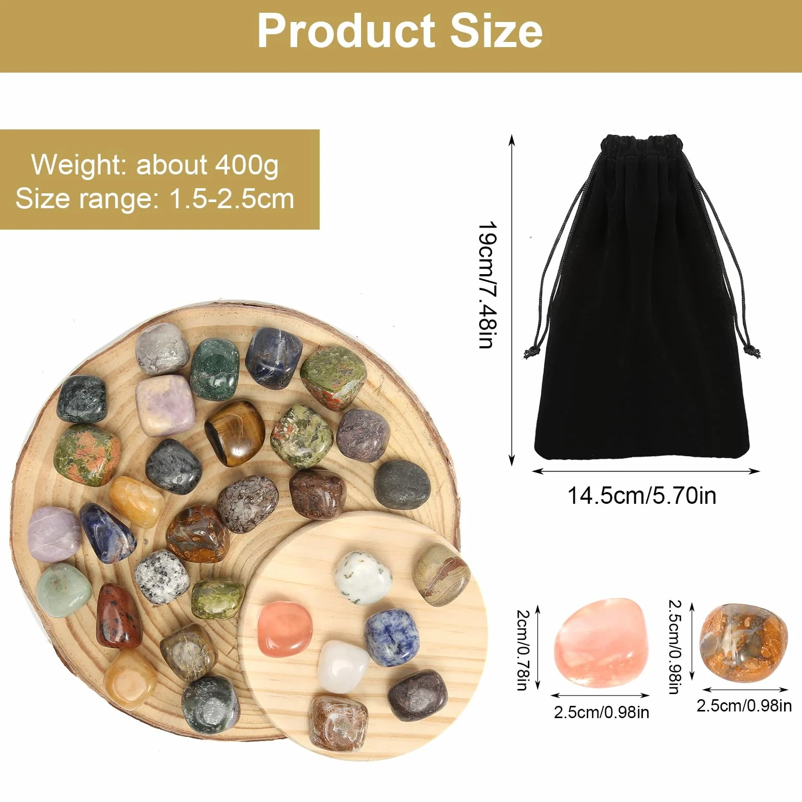 prota Kolorowa mieszanka kamieni szlachetnych, zestaw kamieni szlachetnych ok. 400 g, naturalne kamienie bębnowe w różnych rozmiarach, kamienie półszlachetne, mieszanka z czarnym woreczkiem