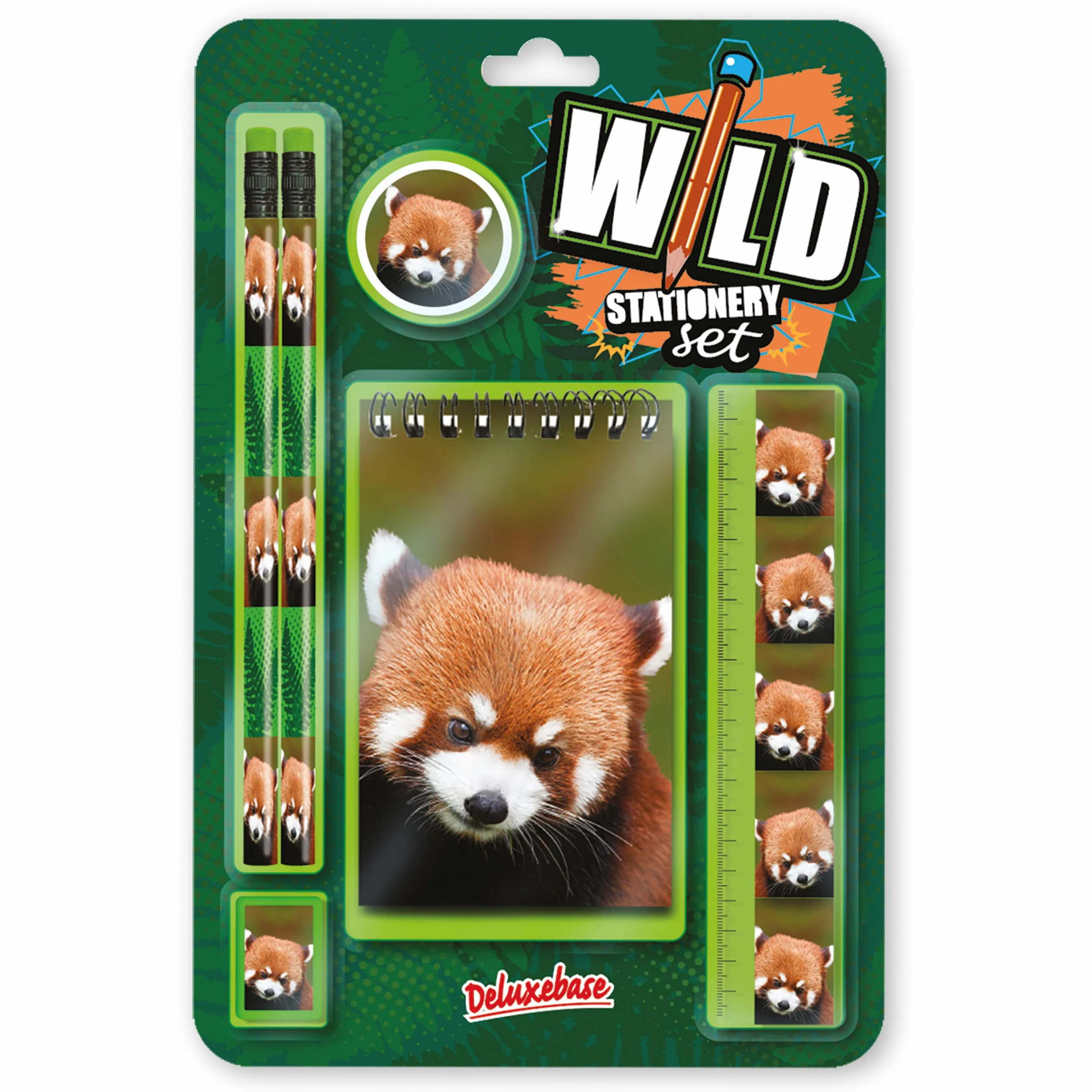 Zestaw Wild Stationery - Czerwona Panda Deluxebase. Te zabawne zestawy przyborów szkolnych obejmują 2 ołówki, gumkę, temperówkę, linijkę i zeszyt, zestaw artykułów piśmienniczych