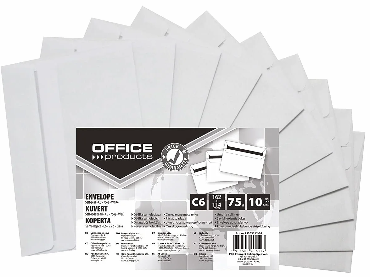 Koperty Samoklejące OFFICE PRODUCTS SK C6 114x162mm 75gsm 10szt Białe/Koperty i Akcesoria do Wysyłek/Typ-Samoklejące/Rodzaj-SK/Kolor-Biały/Gramatura (g/m2)-75 / Wymiary (mm)-114x162