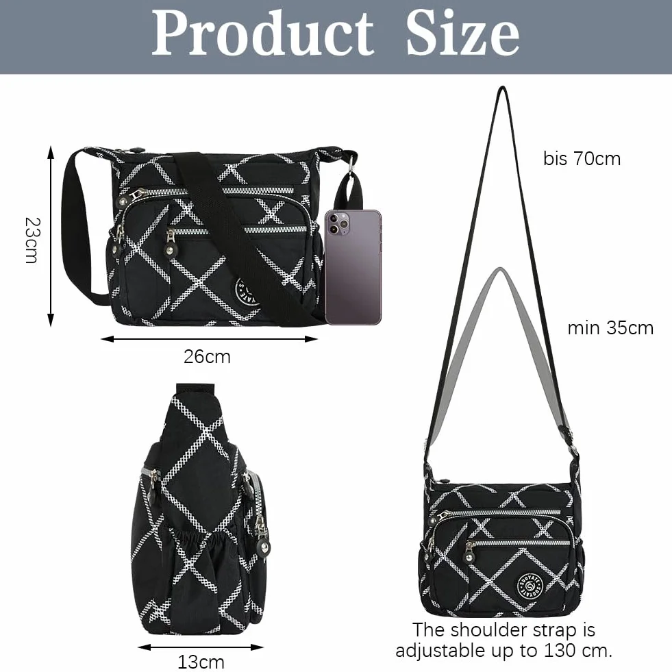 Aucuu Damska torba crossbody z wieloma kieszeniami, wielofunkcyjna torba crossbody, nylonowa lekka i wodoodporna, torba podróżna z regulowanym paskiem na ramię, na zakupy, wędrówki, do codziennego