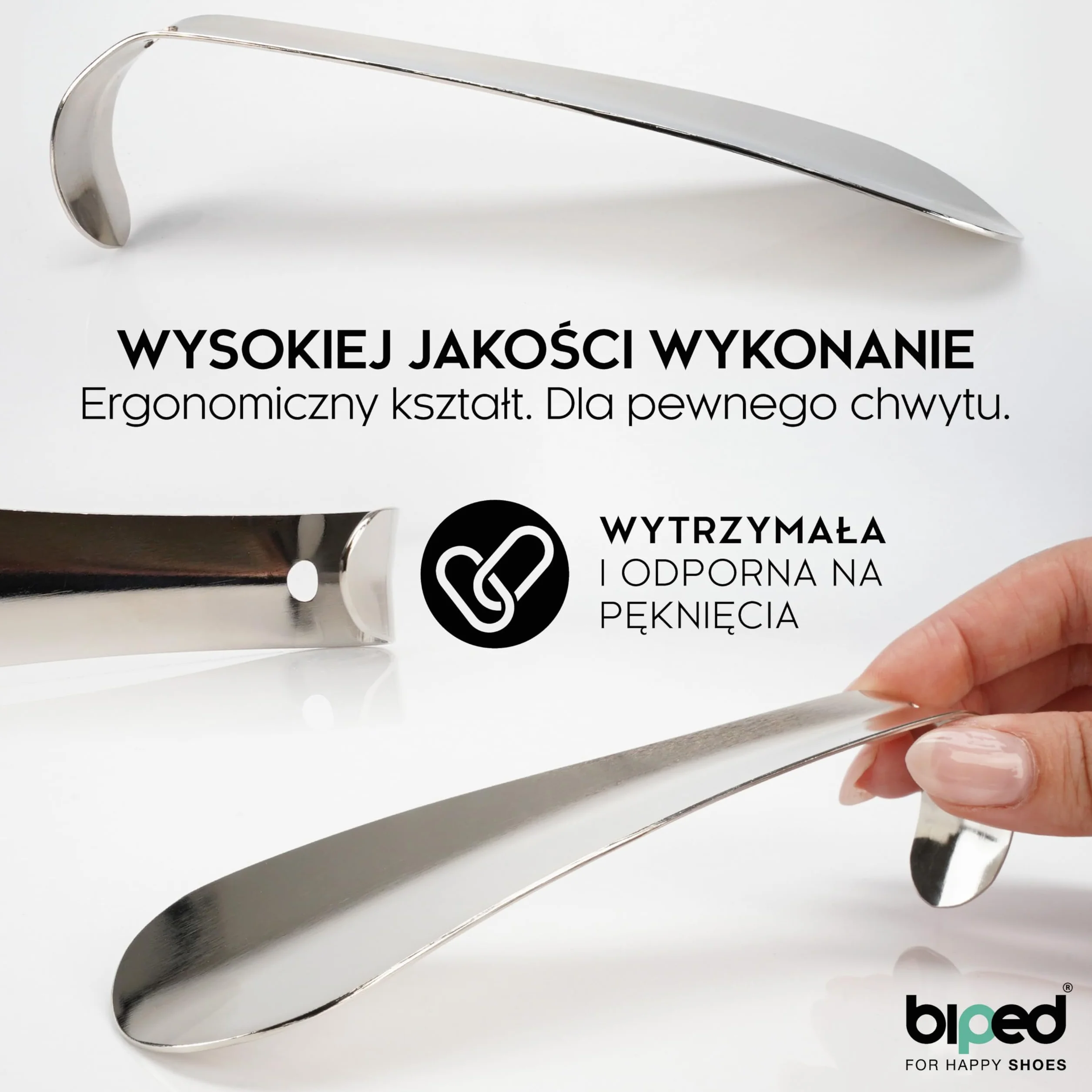 biped metalowa łyżka do butów - stabilna łyżka do butów o długości 16 cm - z haczykiem i otworem do praktycznego zawieszenia - ergonomicznie ukształtowana metalowa łyżka do butów