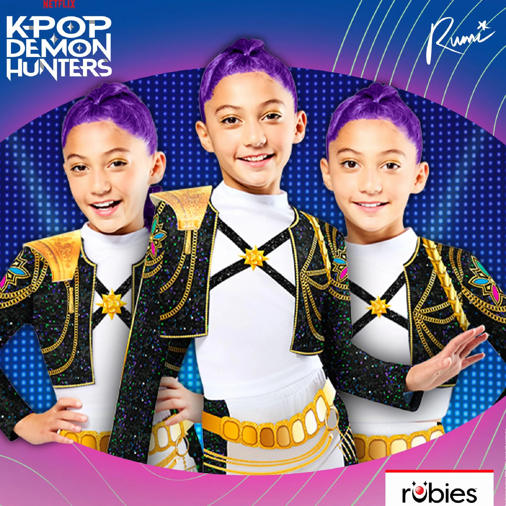 Rubies Kostium KPOP Rumi Złoty HYBRID dla dziewcząt, dziewcząt, k-popu, Rumi Netflix, topy, kurtka i szorty, skarpetki, oficjalnie licencjonowany Netflix, huntrix, karnawał, imprezy i cosplay