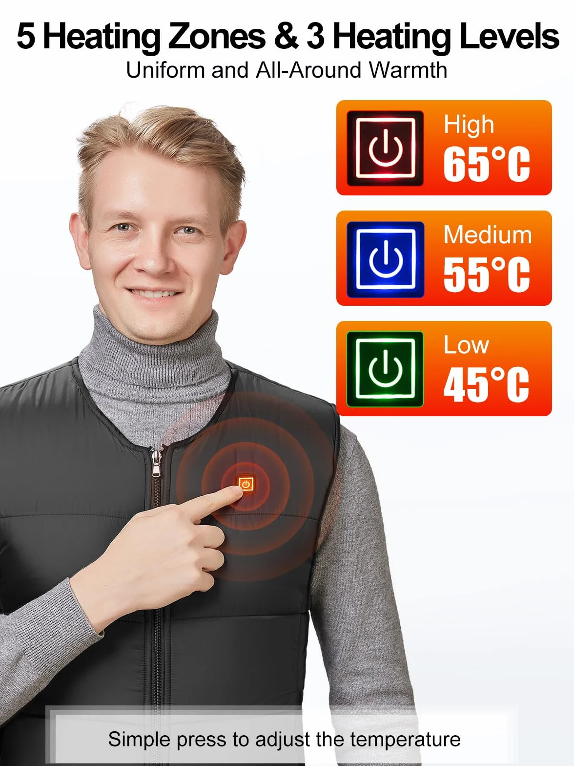 UNBON Męska i damska kamizelka grzewcza USB z baterią, męska i damska elektryczna kurtka grzewcza z 5 strefami grzewczymi 3 temperatury, podgrzewana kurtka bez rękawów, do polowań motocyklowych