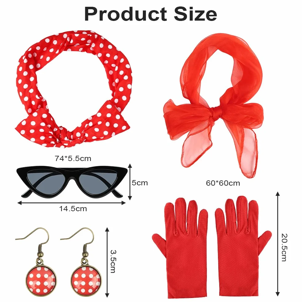 Akcesoria do kostiumów z lat 50., 5 szt. fantazyjny zestaw okularów w kształcie kocich oczu, bandana w kropki, opaska na głowę, rękawiczki, fantazyjny strój dla kobiet na imprezę retro z lat 50