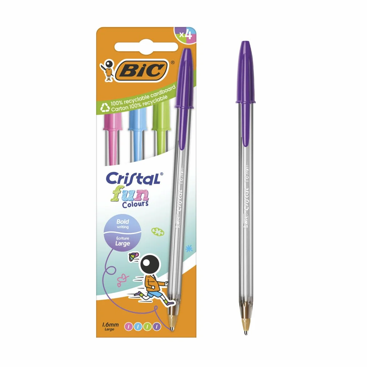 BIC Crystal Fun kolorowe długopisy z szeroką końcówką (1,6 mm) - różne kolory, 4 sztuki