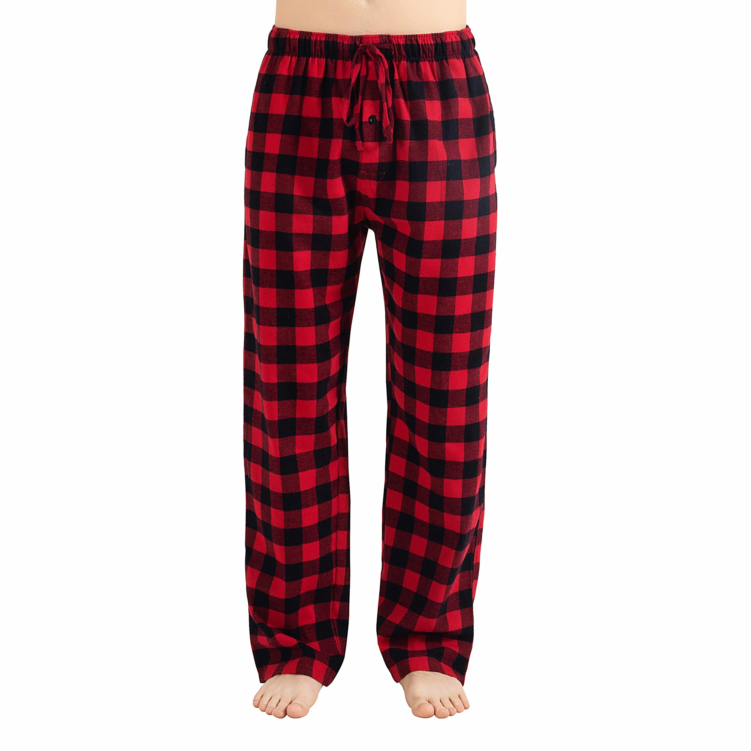 Męskie 100% Bawełniane Flanelowane Komfortowe Spodnie Piżamowe/Na Dom z Kieszeniami - W Karo, Luźny Kroj, Talia ze Sznurkiem, Rozmiary S-XL, Długość Wnętrza 30/31, L