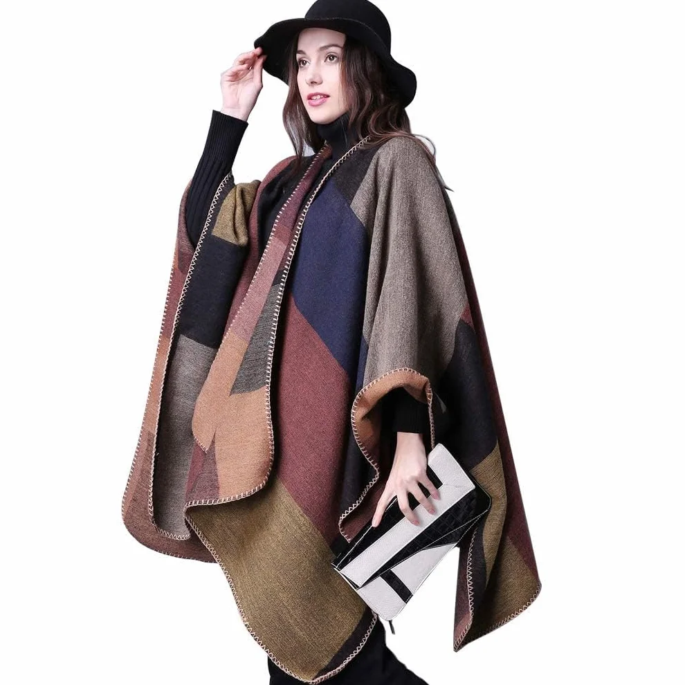 Women Poncho Cape Open Front Spring Cardigan Lady Reversible Free Size Cape Printed Oversized Warm Wraps Checked Knitted Tartan Blanket Bohemia Long Geometric Pattern Shawl
