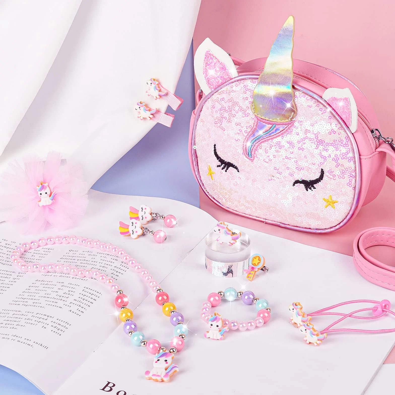 Dzieci Torebka z Zestawem Biżuterii, MEOWMEE 12 Pcs Dziewczęta Torba z Dzieci Biżuteria Naszyjnik Bransoletka Pierścienie Kolczyki z Akcesoriami do Włosów Krawaty do włosów Party Dress Up dla dziewczy