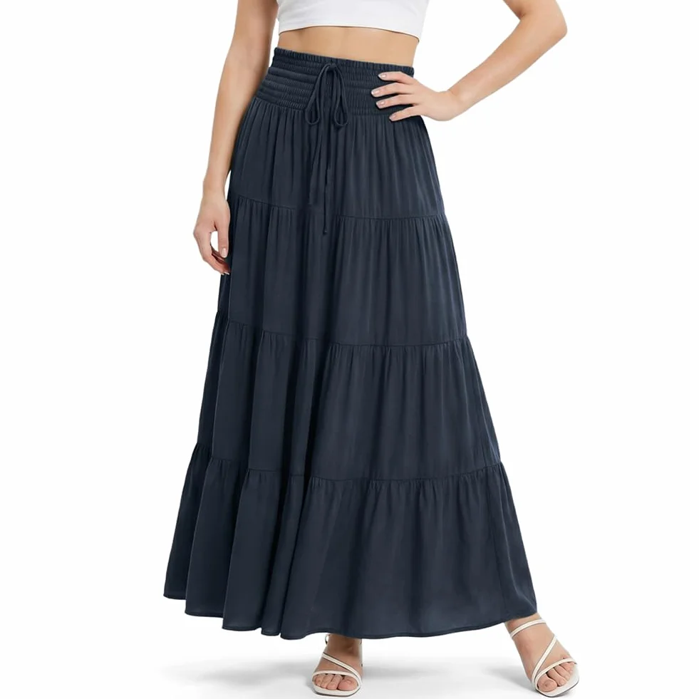 Długie spódnice dla kobiet, zwiewna, elastyczna talia, plisowane spódnice o linii A, ze sznurkiem, na co dzień, wygodna, boho, damska, 5 cm, 1, spódnica maxi z wysokim stanem, na plażę, na co