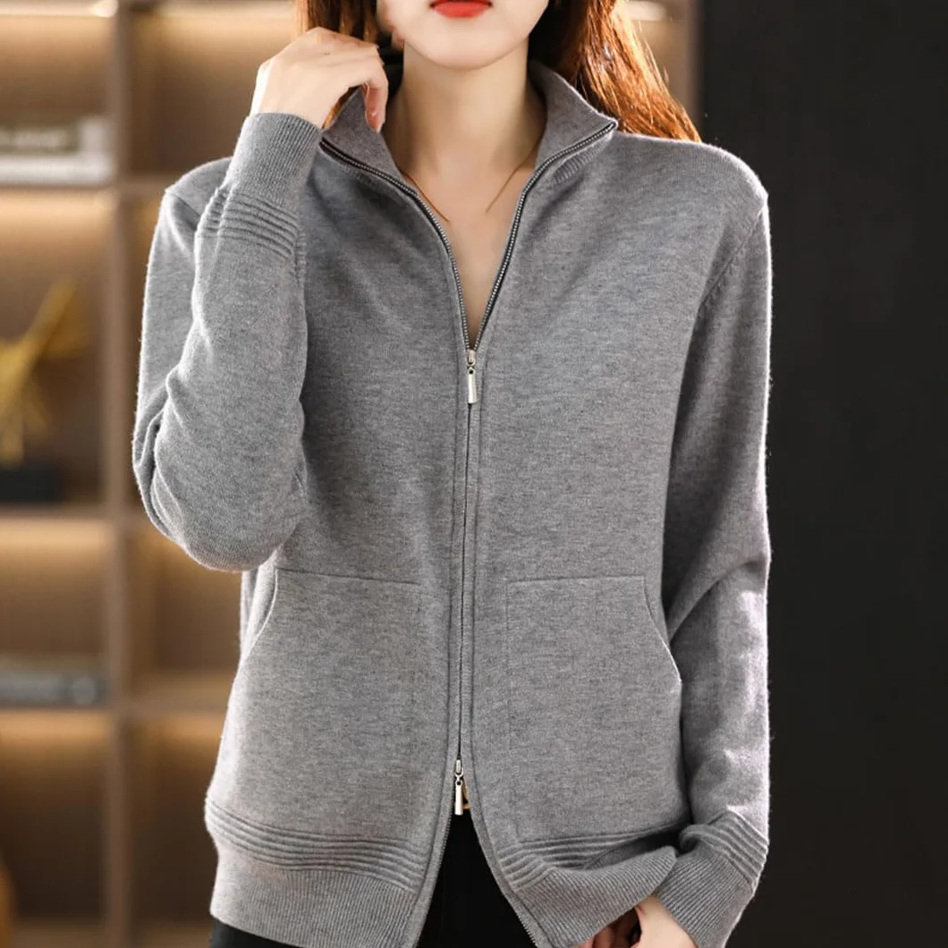 Ownwfeat Damski wełniany sweter z podwójnym zamkiem błyskawicznym kardigan moda casual dzianinowe topy
