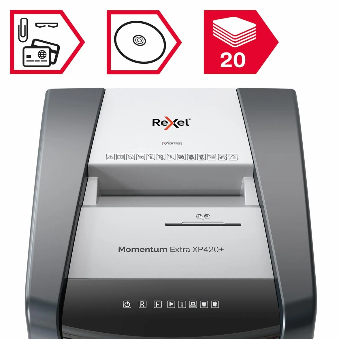 Rexel, Niszczarka do Papieru Rexel Momentum Extra XP420+, do Biura, Tnie na Konfetti do 21 kartek (80 gsm), Poziom Bezpieczeństwa P-4, Pojemnik na Ścinki: 60L, Technologia Zapobiegania Zacięciom
