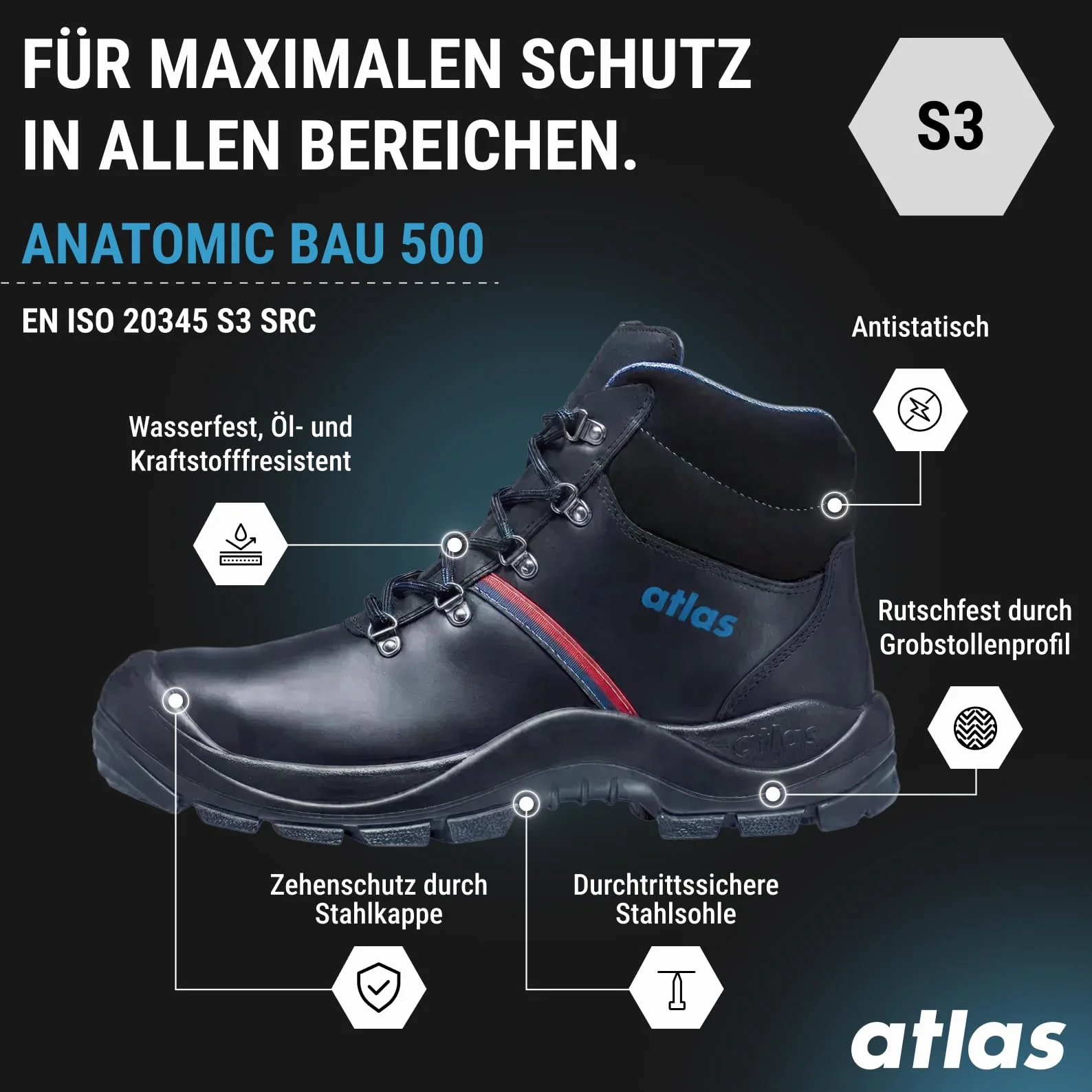 Atlas Męskie buty ochronne BAU 500, czarny, 43 EU
