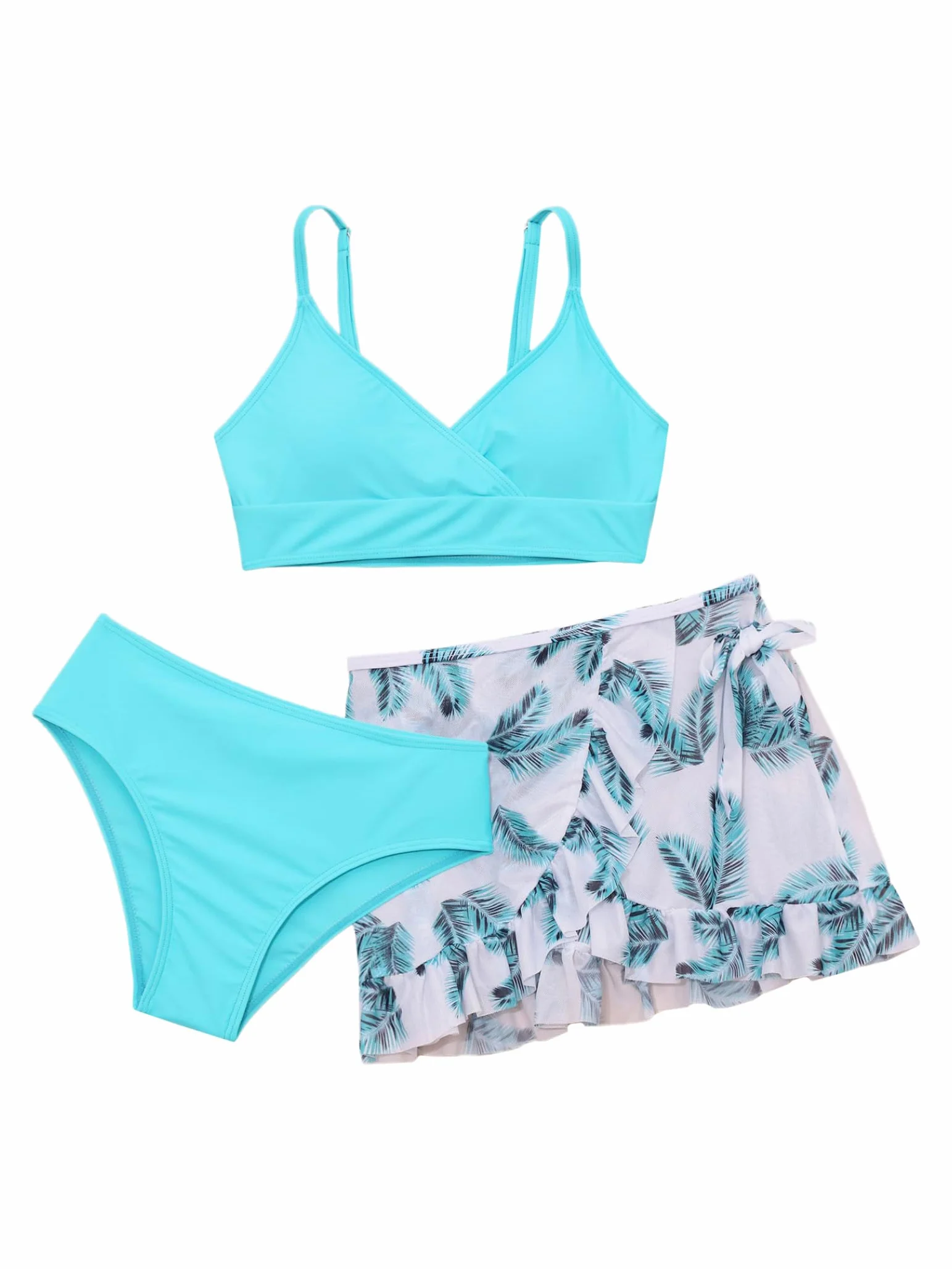 Dziewczęce bikini zestaw 3-częściowy kostium kąpielowy ze spódnicą, bikini, topy, nadruk kwiatowy, bikini, moda kąpielowa, na lato, strój kąpielowy