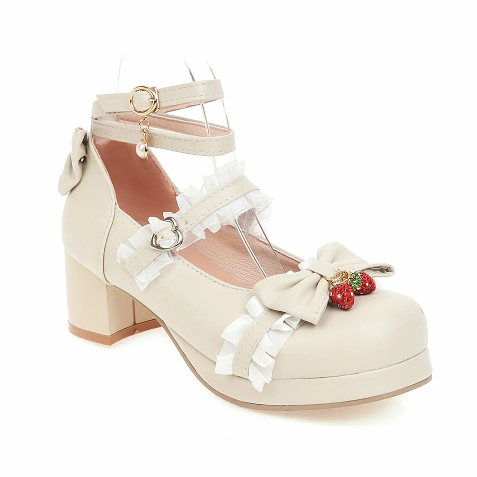 Buty Lolita Damskie Różowe Mary Jane Platforma Obcas Słupek Słodkie Buty Kawaii z Falbanką Kokardą i Truskawką Cosplay Party Czółenka Czarny