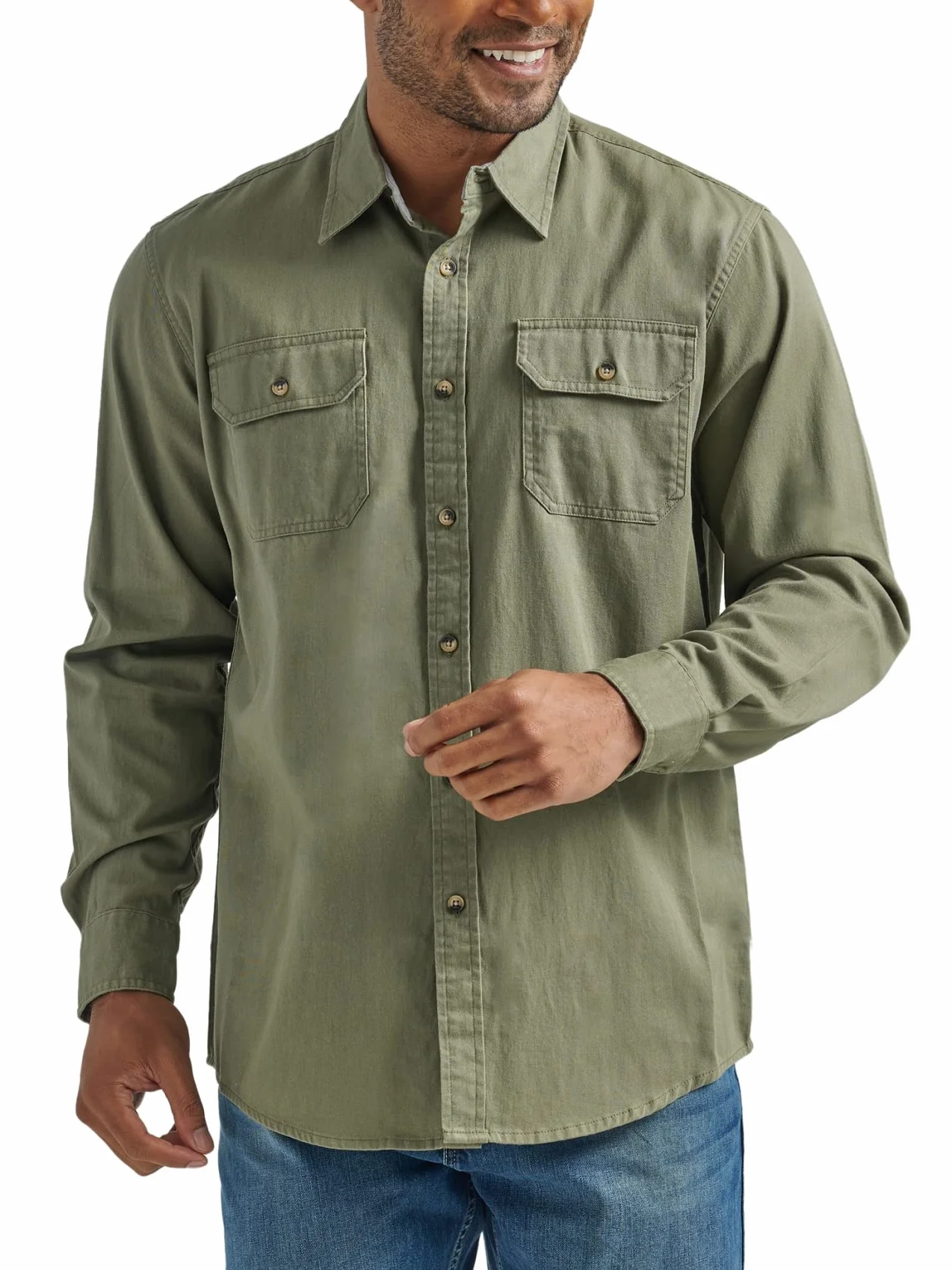 Wrangler Authentics Męska koszula z długim rękawem klasyczna tkana guzik, Spalona oliwka, M