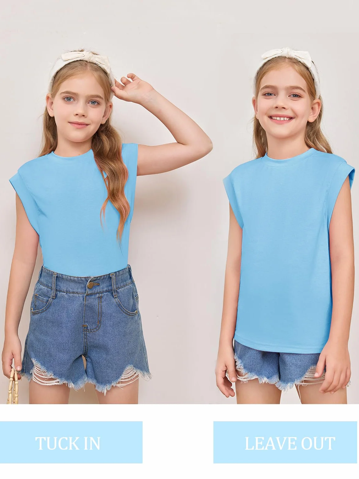 Haloumoning Dziewczęcy tank top bez rękawów, na lato, okrągły dekolt, rękawy z daszkiem, śliczna bluzka dziecięca, dla dziewczynek w wieku 5-14 lat