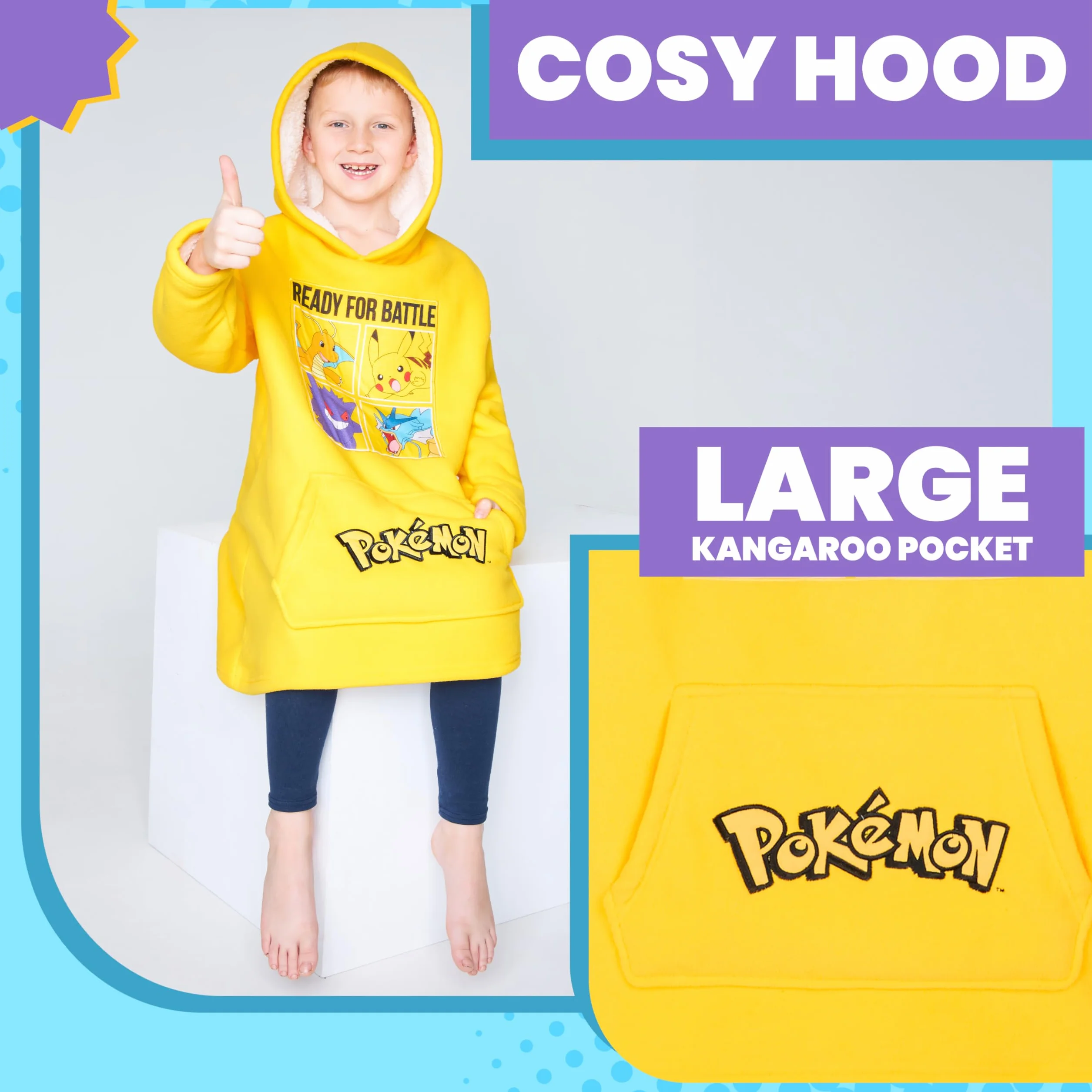 Pokemon Koc z polaru z kapturem dla dzieci i młodzieży - Dziecięca bluza oversize w jednym rozmiarze z podszewką Sherpa Prezenty dla dzieci (żółty)
