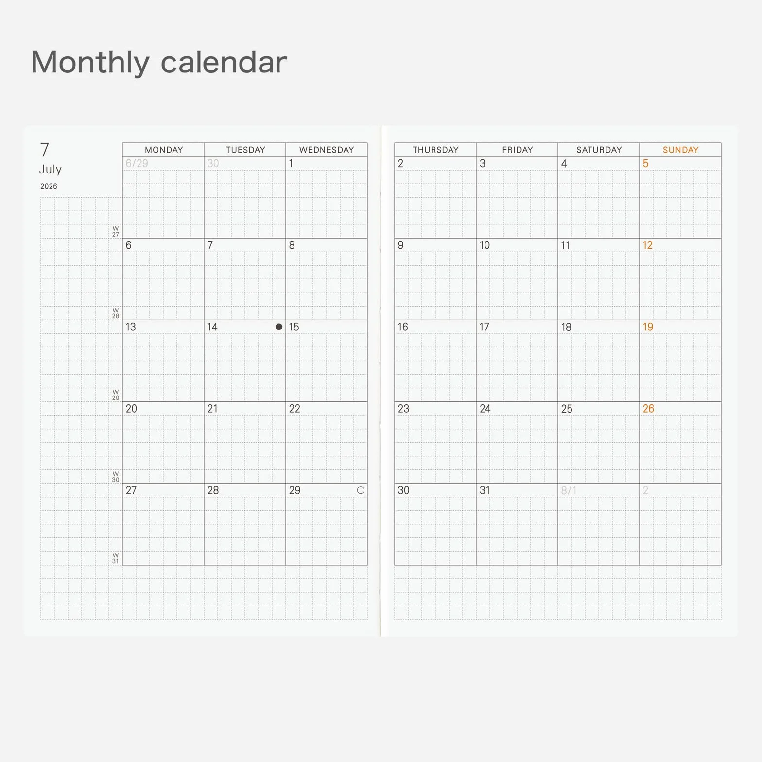 Hobonichi Techo Planner Book 2026, format A6, angielski, dzienny, styczniowy start, od poniedziałku