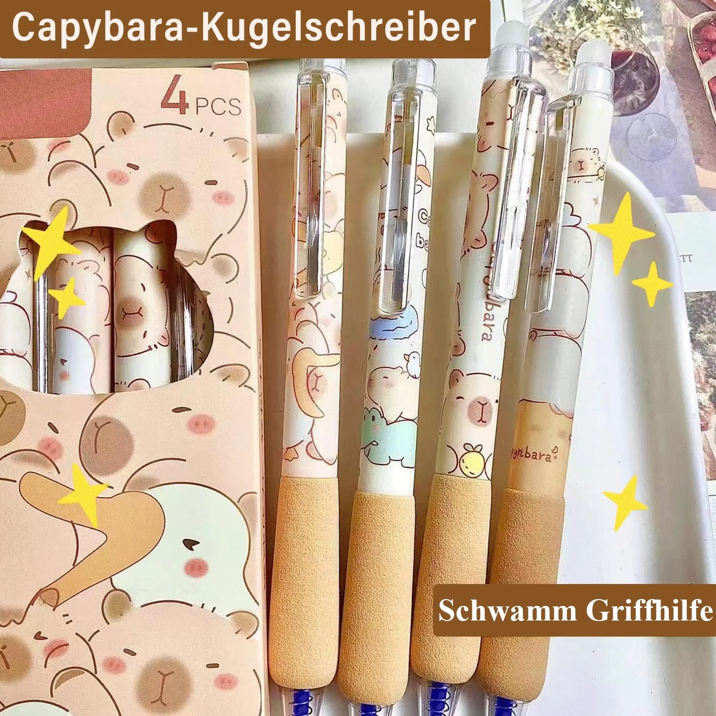 LEMONSTONE Capybara zestaw 4 pisaków do ścierania i 50 sztuk naklejek, niebieski atrament 0,5 mm, Capibara zestaw do ścierania długopisów do szkoły, biura, upominek Capybara (Capybara)