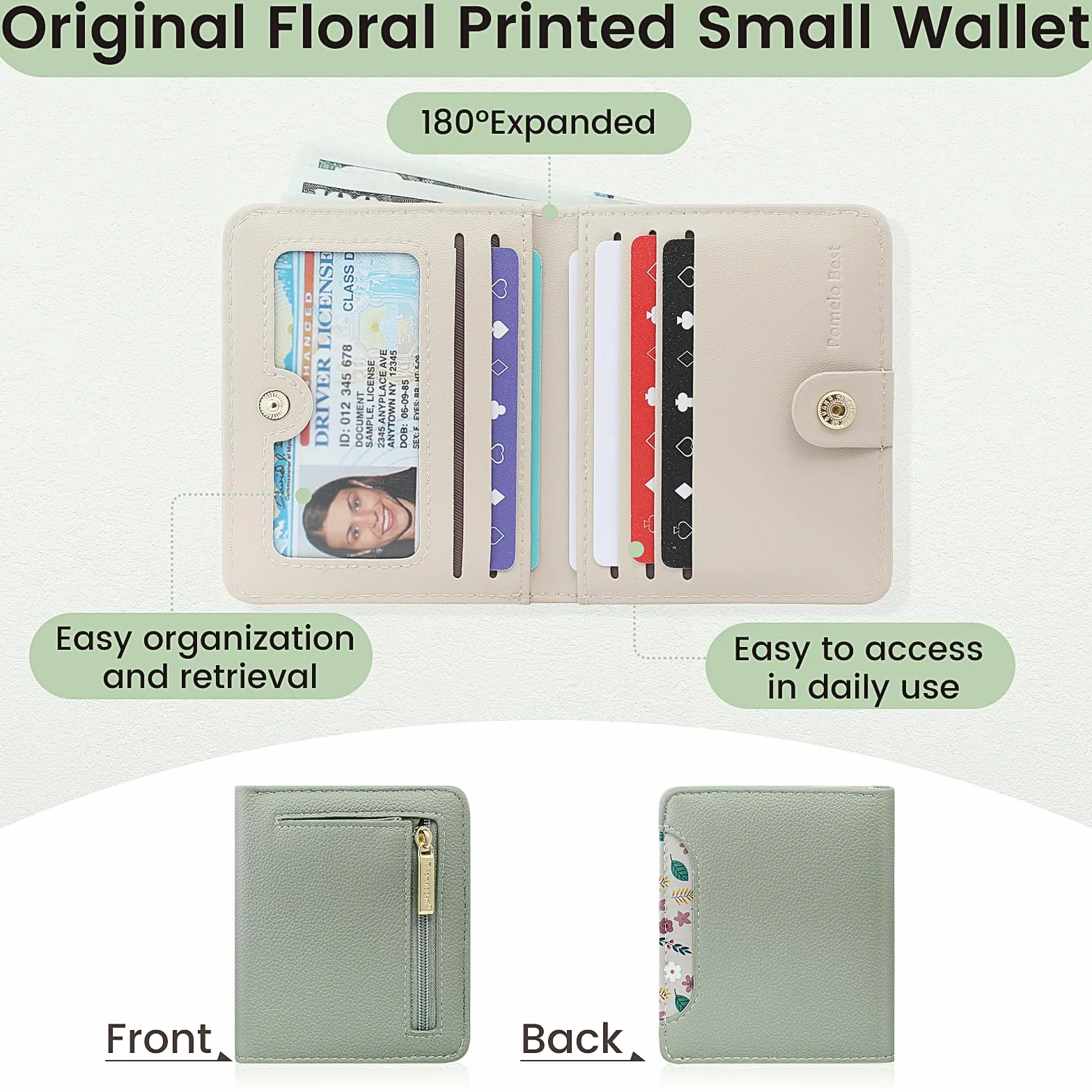 Pomelo Best Damski portfel mały z ochroną RFID, mini portfel z miękkiej skóry PU, stylowy design z nadrukiem, lekki i praktyczny na co dzień i w podróży, S, Minimalistyczny (Mintgrün)