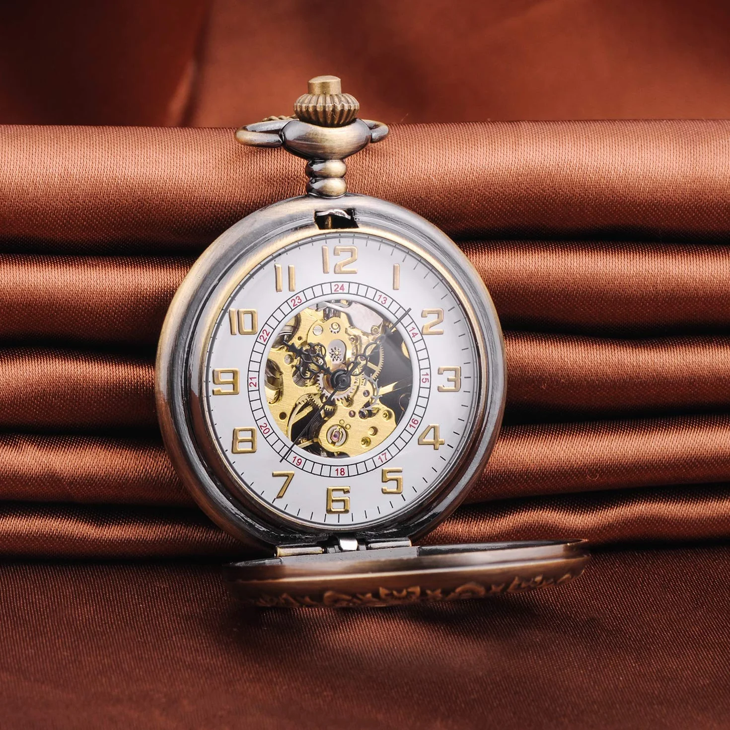 Unendlich U Męski zegarek kieszonkowy z cyframi rzymskimi z łańcuszkiem, analogowy, ręcznie nawijany, uniseks, retro, steampunk, brązowy, retro, Brązowy, vintage lub steampunk