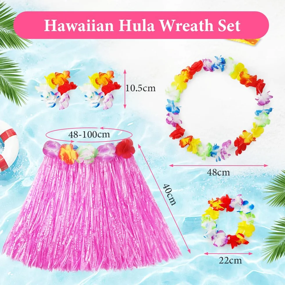 Aomig Hula Hawajska spódnica, 5 szt. Hawajska spódnica w kwiaty, tropikalny kostium z wiązką, 40/60 cm Hawajskie kwiatowe girlandy dla dzieci, dorosłych, kobiet letnia impreza na tropikalnej plaży