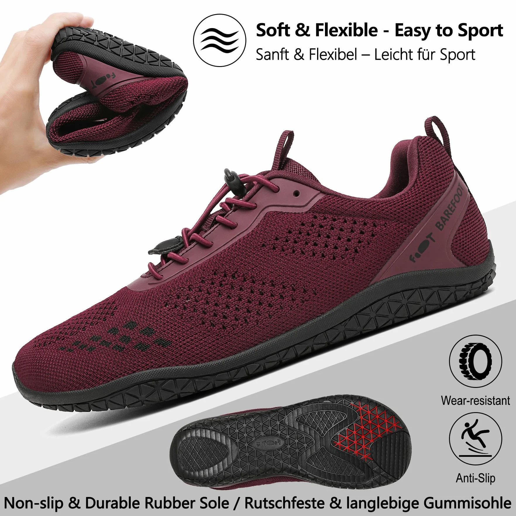 Geweo Buty Barefoot Męskie i Damskie Lekkie Wygodne Buty Sportowe Treningow z Szeroką Skrzynią na Palce Oddychające Buty do Biegania, do CrossFit z podeszwą Zero-Drop Unisex Burgund Czerwony 44EU