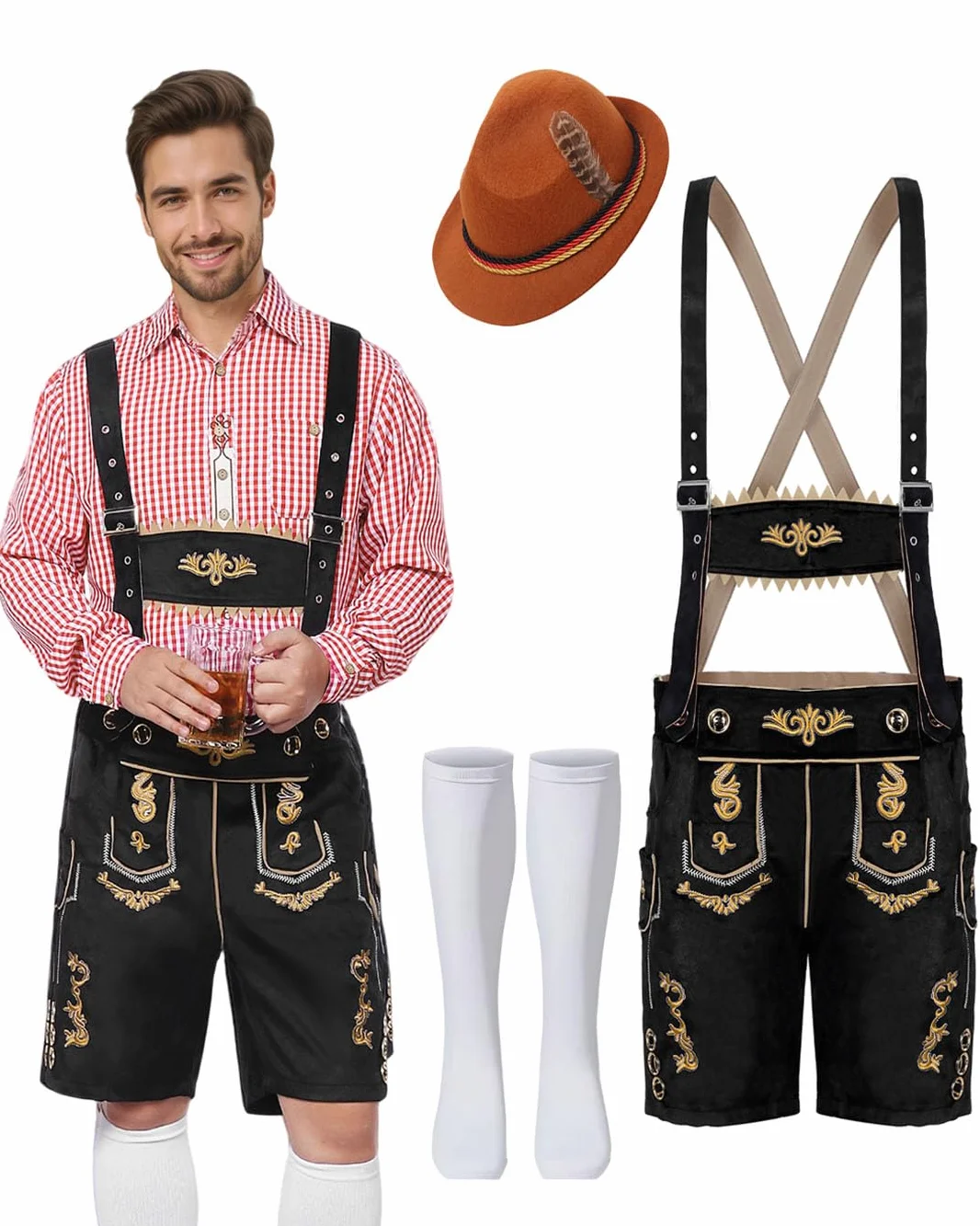Strój męski na Oktoberfest, bawarski tradycyjny strój męski na Oktoberfest z tradycyjnymi skórzanymi spodniami, kapeluszem i skarpetkami na karnawałową imprezę cosplay (Czarny, L)