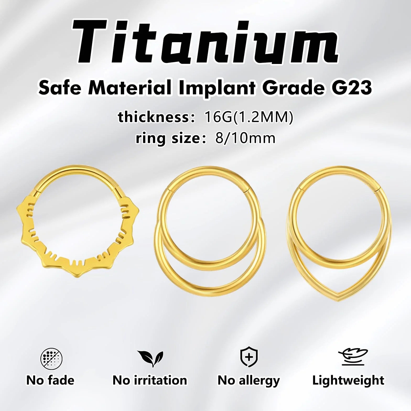 G23 Kolczyk do piercingu z tytanu, Helix złoty, srebrny, obręcz, przegroda nosowa, Rook, Tragus, Daith, zawiasowy segment, klikier 16G 8MM 10MM 12MM, kolczyk do nosa, podwójne kółka, Helix