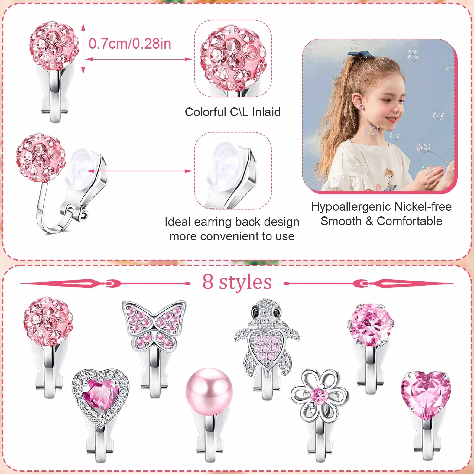 8 par klipsów do uszu dla dzieci, dla dziewcząt, bez przekłuwania, hipoalergiczne, serce, gwiazda, kwiaty, tęcza, żółwie, śliczne różowe klipsy do uszu bez przekłuwania, biżuteria dla dzieci