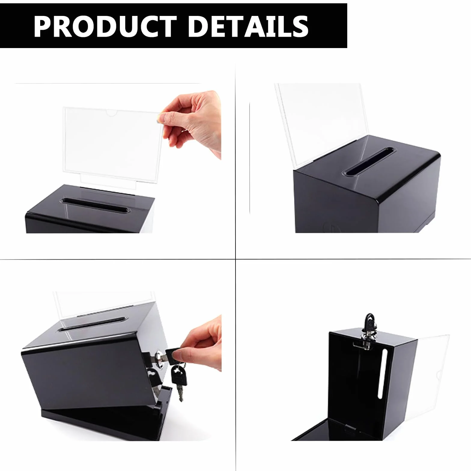 Pudełko na darowizny, zamykane, 2 sztuki, 16 x 12 x 10 cm, akrylowe, pudełko na darowizny, pudełko do przechowywania z kluczem, z akrylu, kasetka na pieniądze z otworem w kolorze czarnym do głosowania