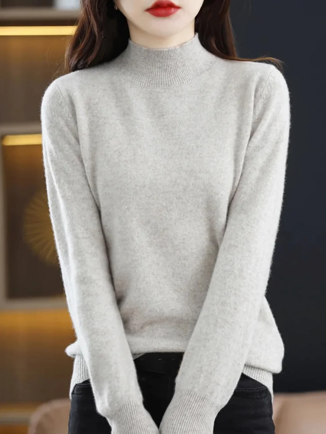 Jesień Zima Damski Podstawowy Sweter Mock Neck Sweter Wełna Merino Długi Rękaw Solidny Kaszmir Dzianinowe Ubrania