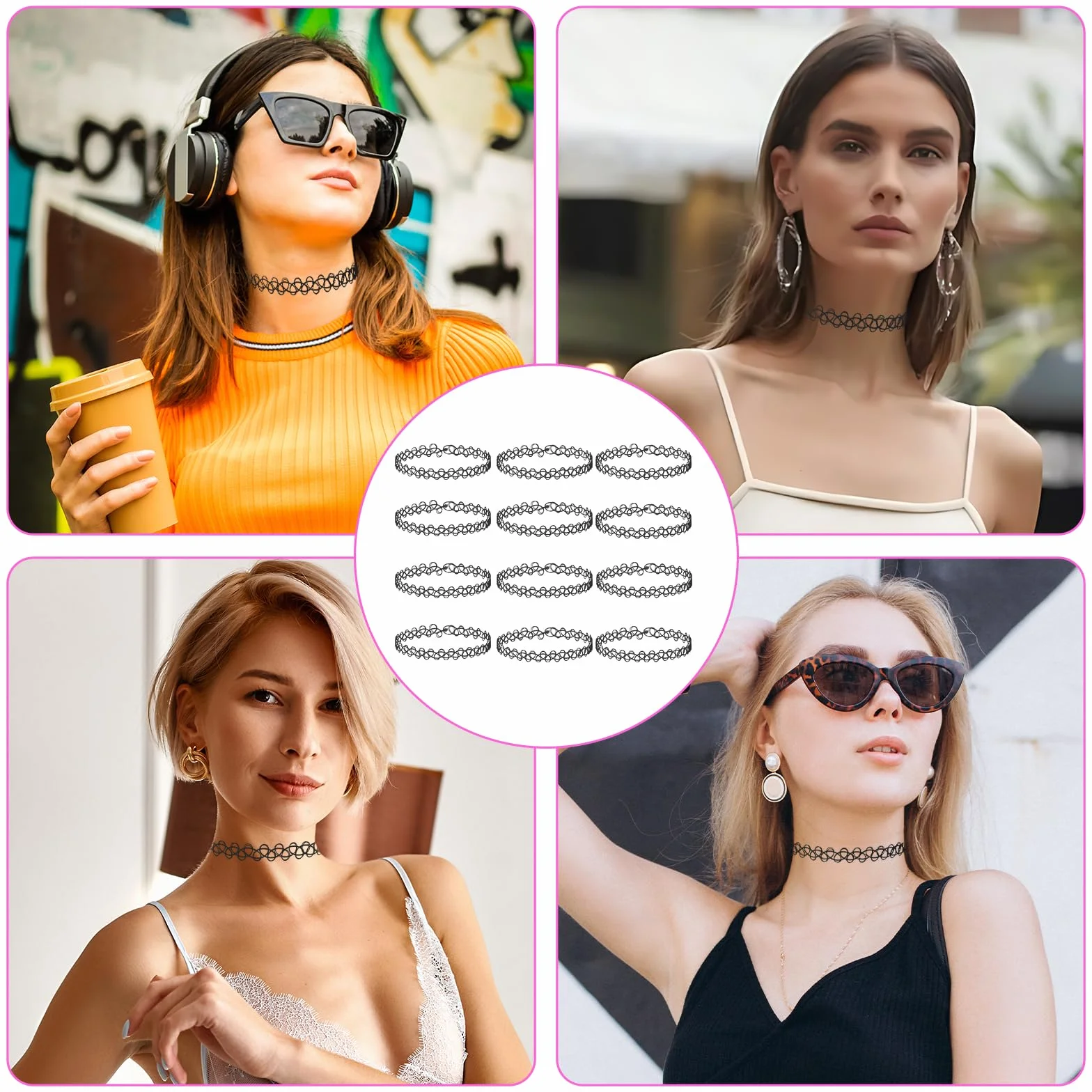 Andibro Elastyczny zestaw naszyjników 12 sztuk, rozciągliwy tatuaż, choker, naszyjnik damski, vintage, punk, gotyk, łańcuszek, obroża, akcesoria dla dziewcząt w stylu lat 90
