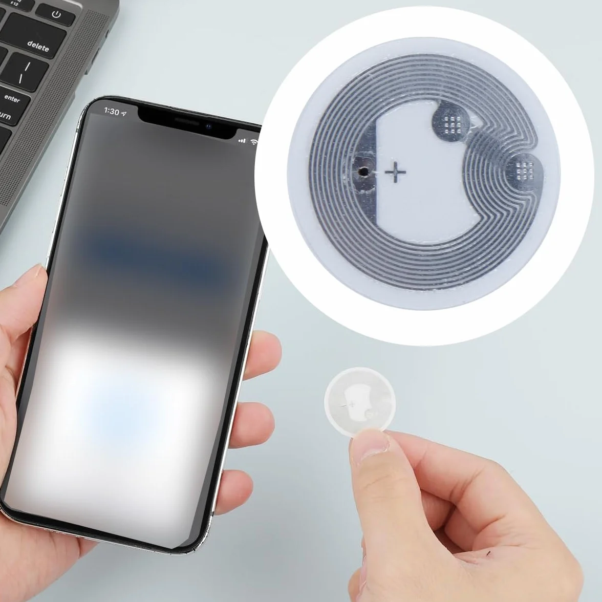 20 sztuk okrągłych tagów NFC o średnicy 25 mm, 215 chipów, pustych, wielokrotnego zapisu, samoprzylepnych naklejek, kompatybilnych z telefonami komórkowymi z systemem Android i obsługą NFC