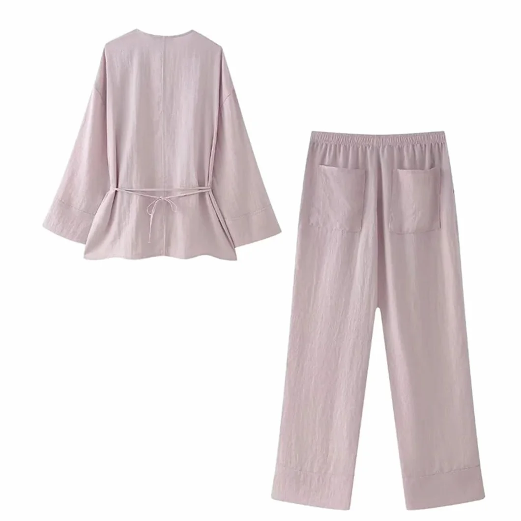 Damski zestaw podwójna plisa kimono styl top spodnie garnitur