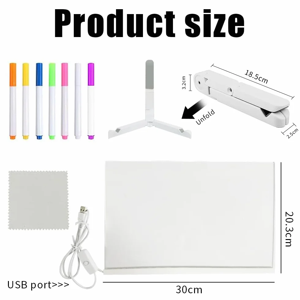 HIQE-FL Tablica akrylowa LED, 30 x 20 cm, podświetlana tablica do wiadomości, 7 kolorowych długopisów, przełącznik, biurko, szkoła, kawa, biuro
