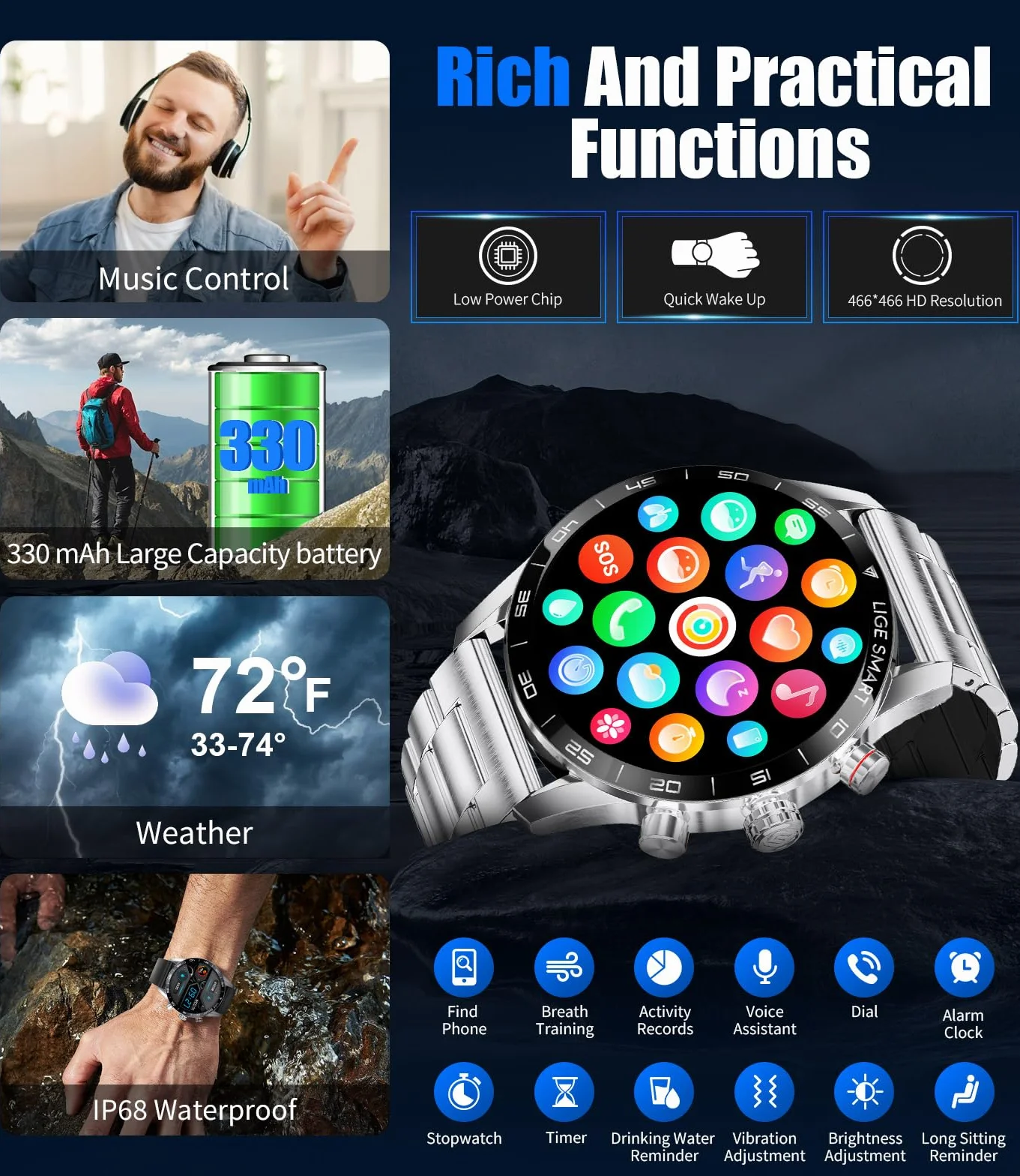 LIGE Smartwatch męski 1,43 cala z wyświetlaczem AMOLED, smartwatch z funkcją telefonu i wspomaganiem głosu, pulsometrem SpO2, 124 trybami sportowymi, zegarek fitness Smart Watch do systemu Android iOS