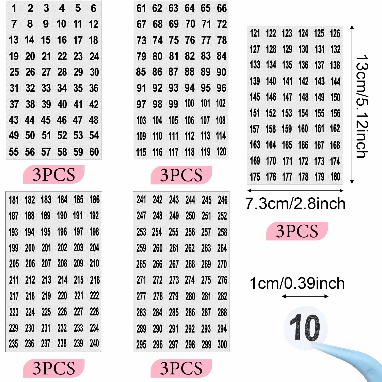 Mabor 15 arkuszy okrągłych naklejek z numerami 1–300, małe, przezroczyste kolejne etykiety z numerami, samoprzylepne naklejki magazynowe do pojemników do przechowywania, skrzynki narzędziowej