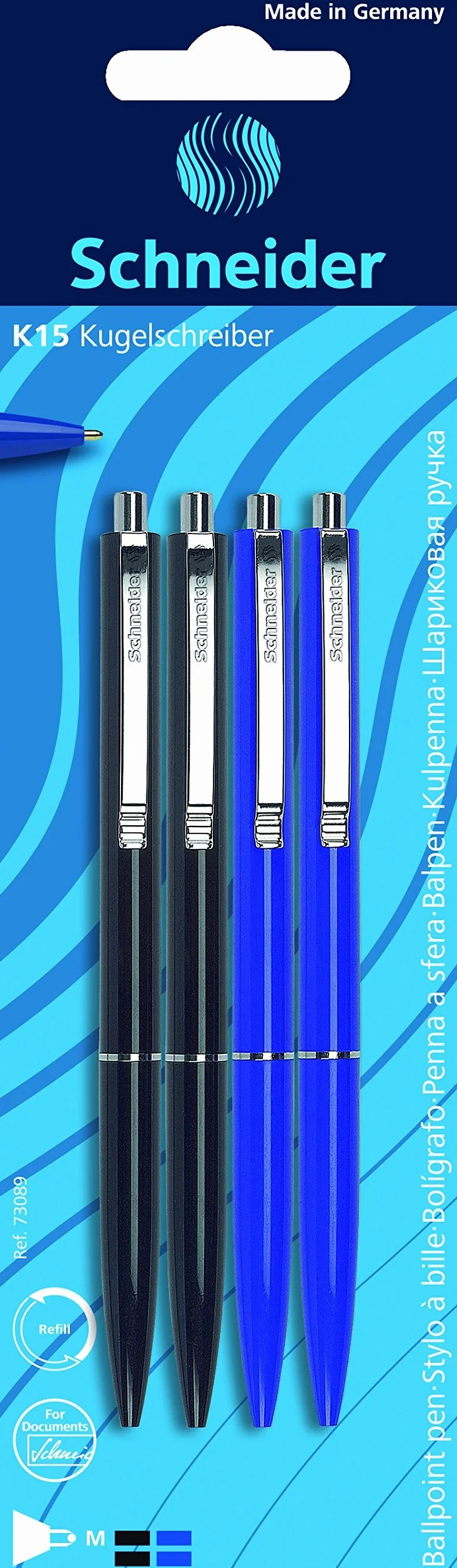 Schneider K 15 długopis (wkład nadający się do dokumentów - grubość kreski M, kolor tuszu: czarny/niebieski), 4 szt. w blistrze czarny/niebieski