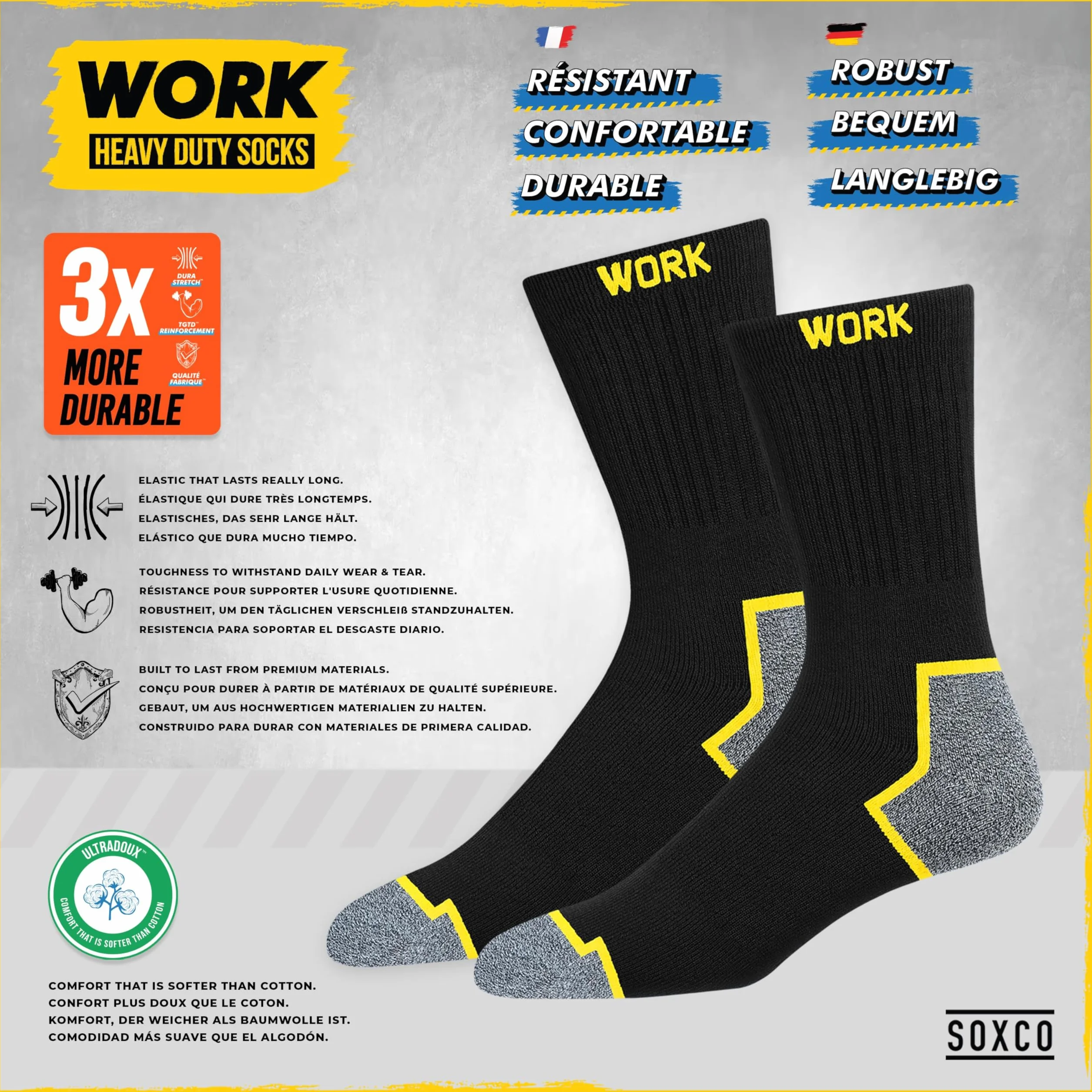 SOXCO 10 par męskie skarpety robocze zestaw, czarny, 10 par WORK Socks