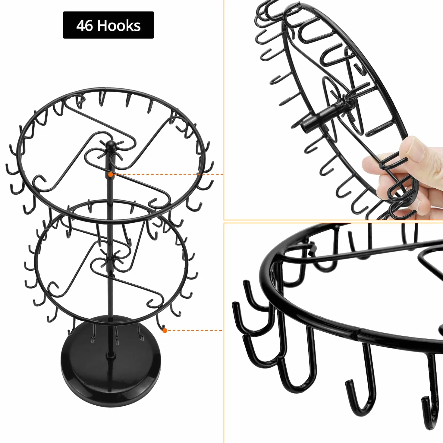 QWORK® Obrotowy stojak na biżuterię z 23 haczykami, drzewko na biżuterię, wiszące przechowywanie naszyjników, bransoletek, pierścionków, kolczyków, wys. 34,8 x szer. 20,5 cm, czarny, 2 niveaus, Żelazo