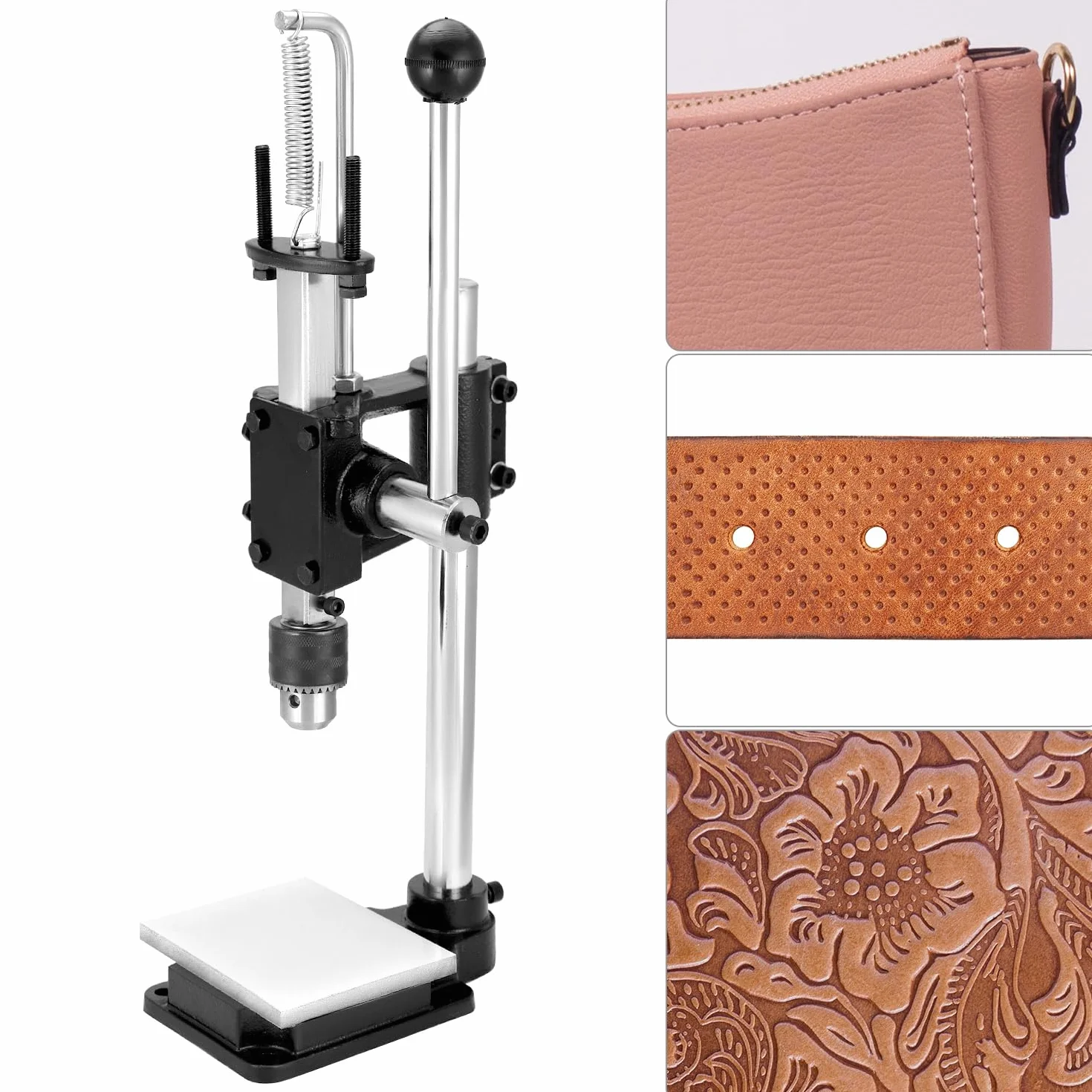 QWORK® Skórzana maszyna do wytłaczania i wykrawania z uchwytem wiertarskim 12,7 mm i nylonową płytą ochronną, kompatybilna z dziurkaczem, dłutem do wykrawania, stemplowaniem