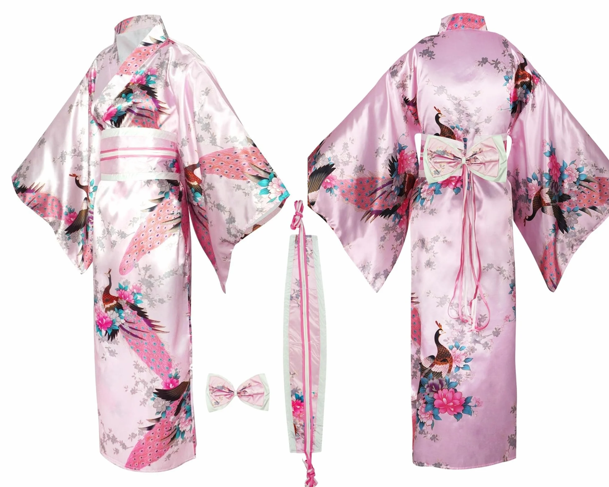Tradycyjne japońskie kimono dla kobiet, japoński damski szlafrok Yukata, sukienki w stylu japońskim dla kobiet, kostium cosplay, satynowy szlafrok na imprezę, spa lub ślub, ze składanym wachlarzem i