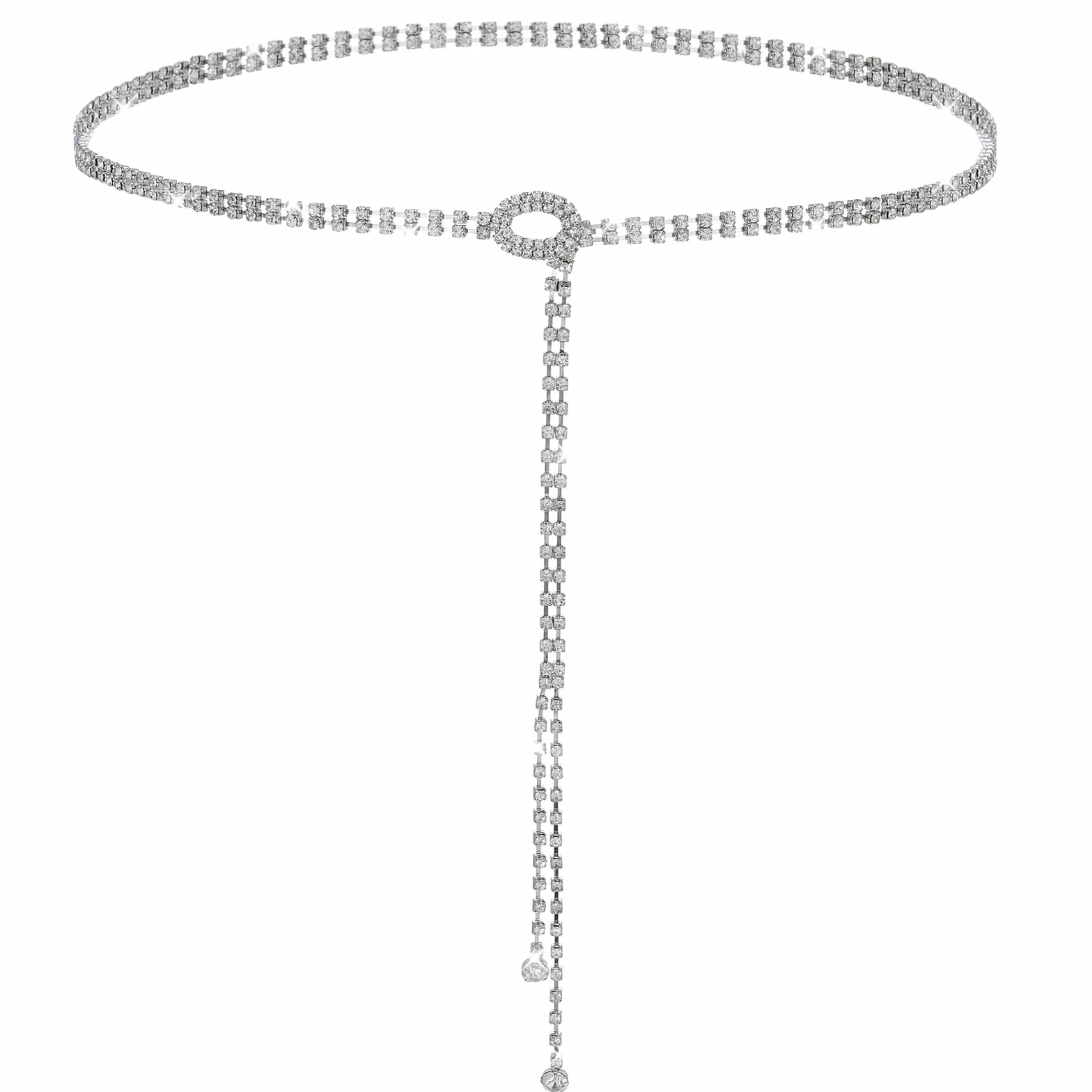 TIESOME Błyszczący Pasek w Talii dla Kobiet - Srebrny, Kryształowy, Regulowany Łańcuszek, Modny do Wieczorowej Sukienki Dżinsowej, Silver, 110cm/43.3in