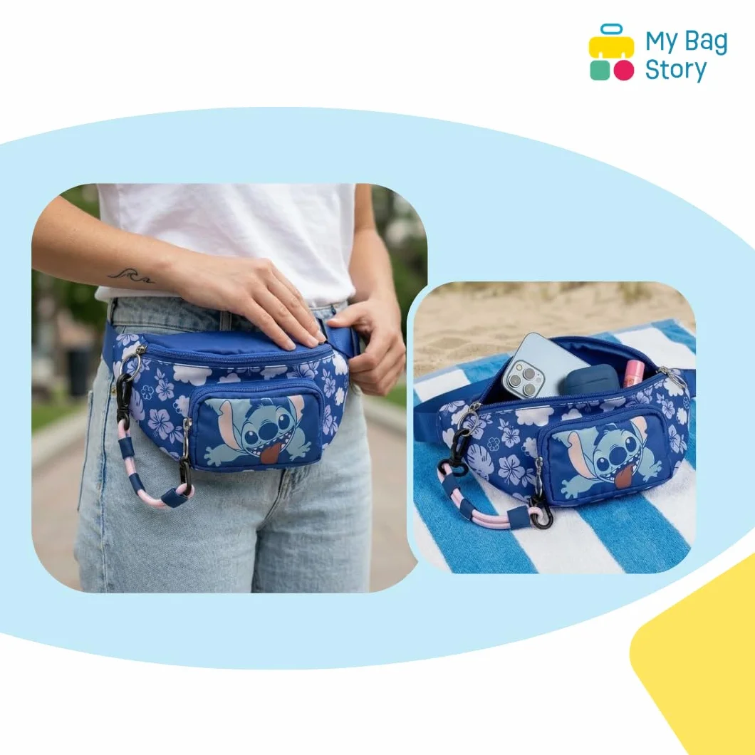 mybagstory | Stitch Bananowa torba dla dzieci i nastolatek | Niebieska kieszeń na pasek Disneya | Regulowana torba na ramię dla dziewczynek i chłopców, idealna sportowa torba na podróż do szkoły, 23 x