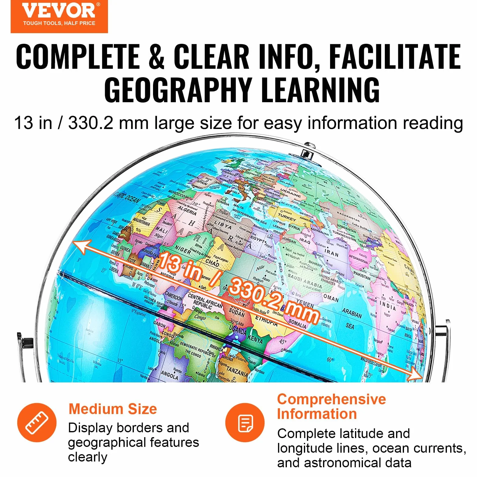 VEVOR Obrotowy Globus Światowy ze Stojakiem 330,2 mm - Edukacyjny Geograficzny z Precyzyjnym Materiałem ABS, Strefą Czasową, Obracający się 720° dla Dzieci, Nauki, Klasy