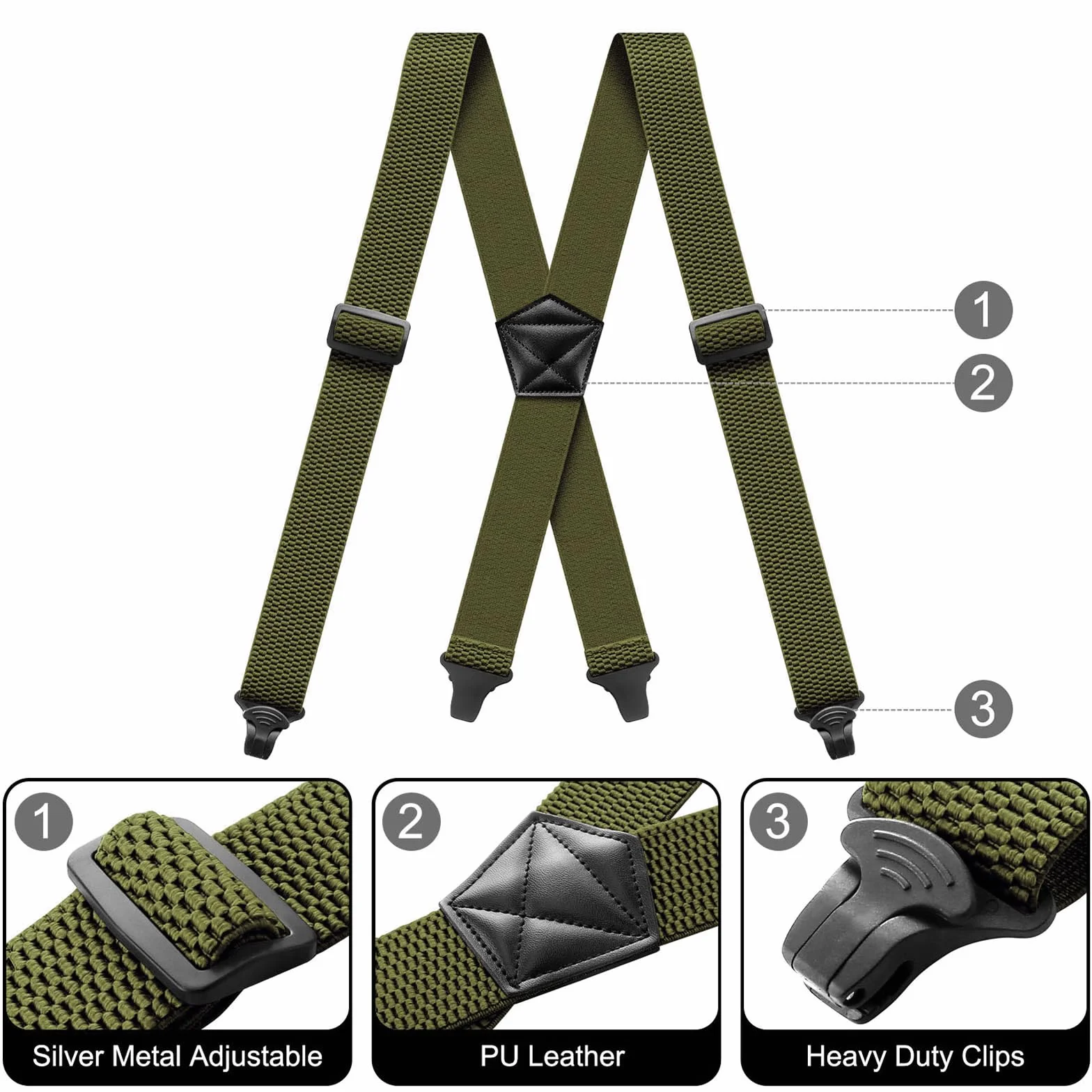 Suspenders for Men Heavy Duty 1,6 cala Wide Airport Friendly Hidden Suspenders with 4 Plastic Gripper Clasps Adjustable Elastic Braces for Casual Work X-Back ciemnozielone