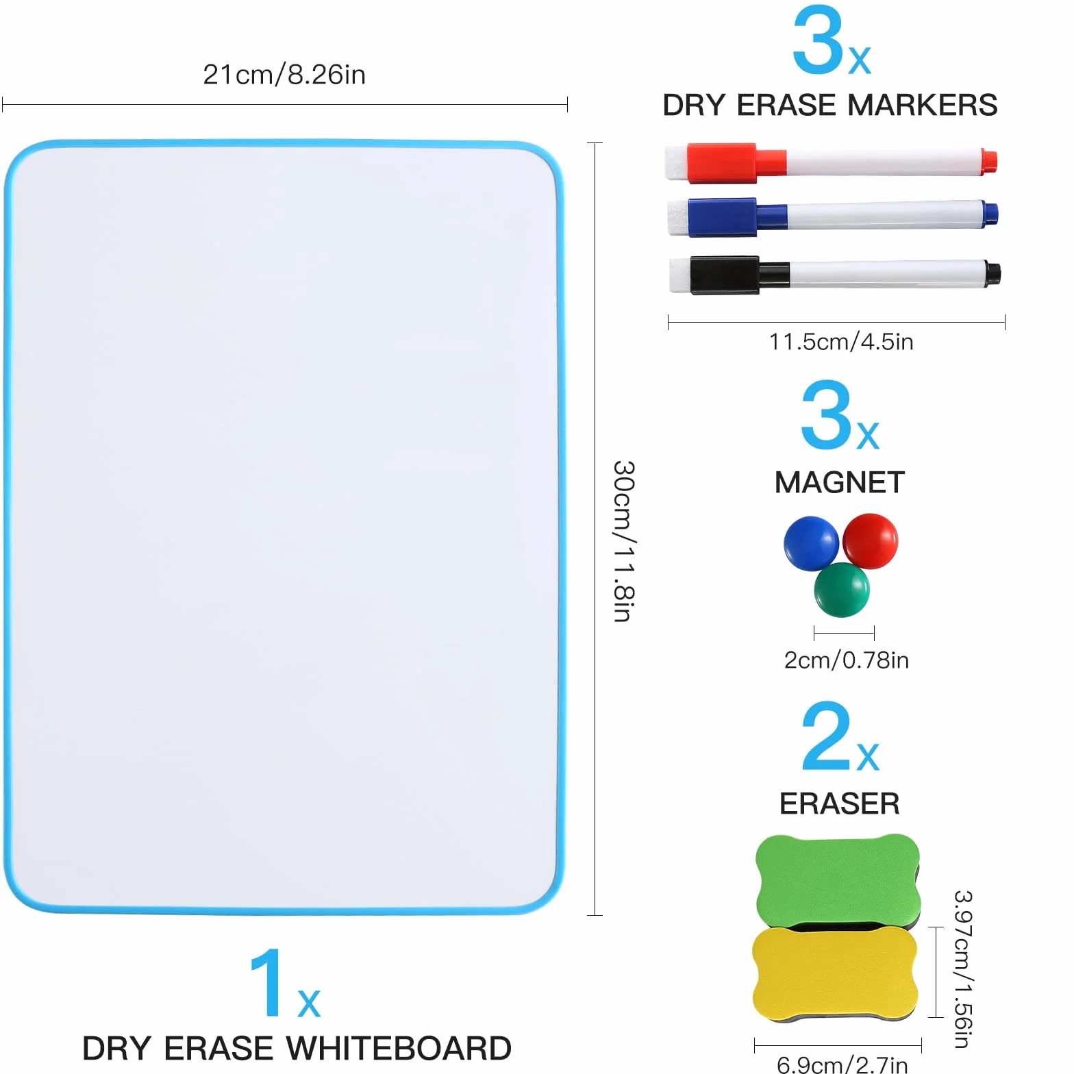Zestaw magnetycznych mini tablic suchościeralnych – tablica magnetyczna dla dzieci w formacie A4 (30 x 21 cm) wraz z pisakami do wycierania na sucho, magnesami i gumką do ścierania. Idealna dla dzieci