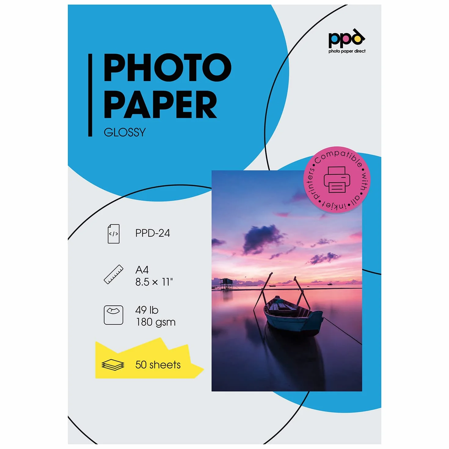PPD A4 50 Arkuszy 180g Błyszczący Papier Fotograficzny do Drukarek Atramentowych - PPD-24-50